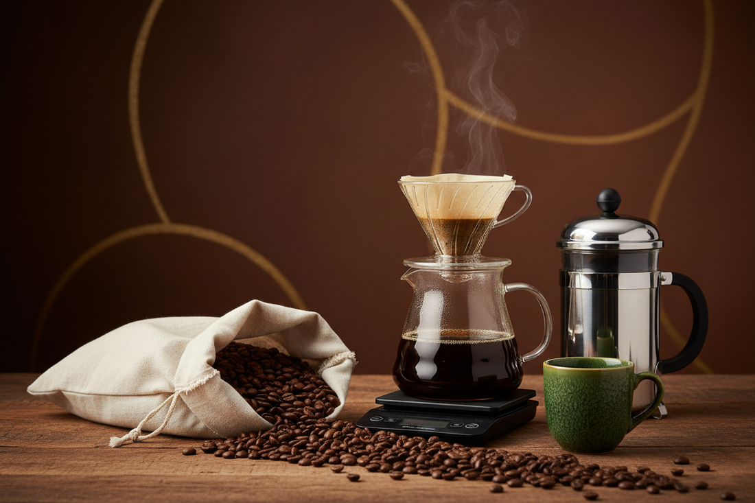Whole coffee beans with a pour-over dripper, French press, and mug on a dark brown backdrop