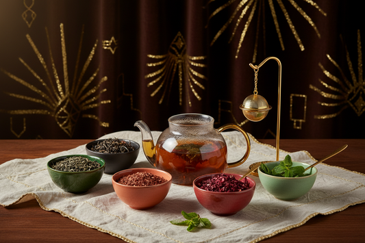 Loose leaf teas in ceramic bowls beside a glass teapot of amber tea on a dark brown backdrop