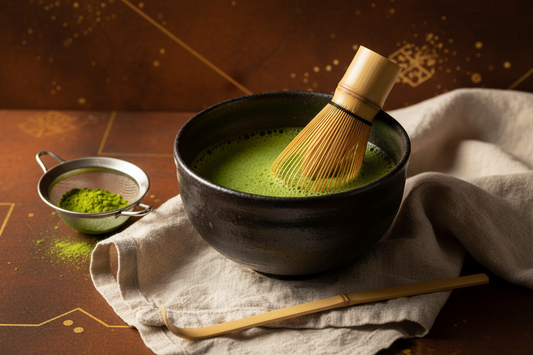 Ceramic bowl of frothy green matcha with a bamboo whisk, scoop, and sifted matcha powder