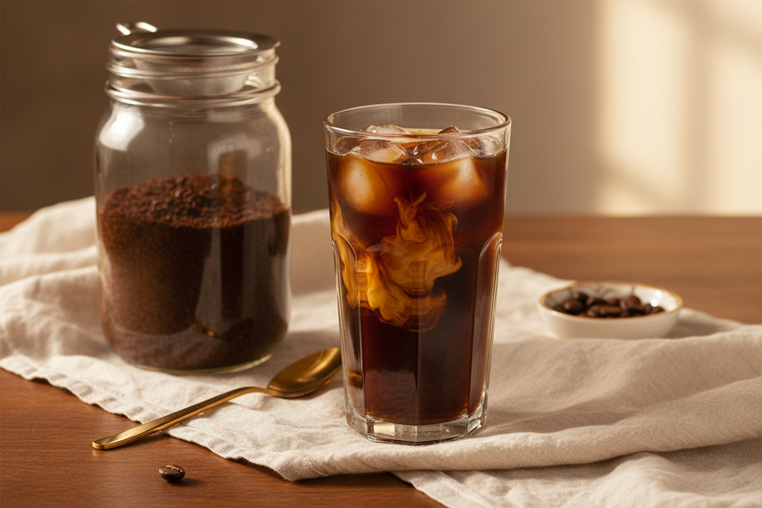 Tall glass of cold brew coffee over ice with cream swirling in, beside a jar of steeping coffee grounds