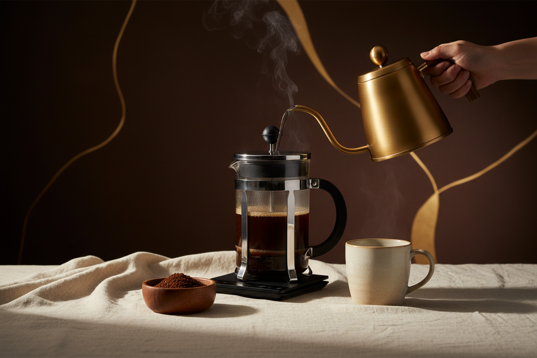Glass French press full of dark coffee beside a scale of coarse grounds and a gooseneck kettle