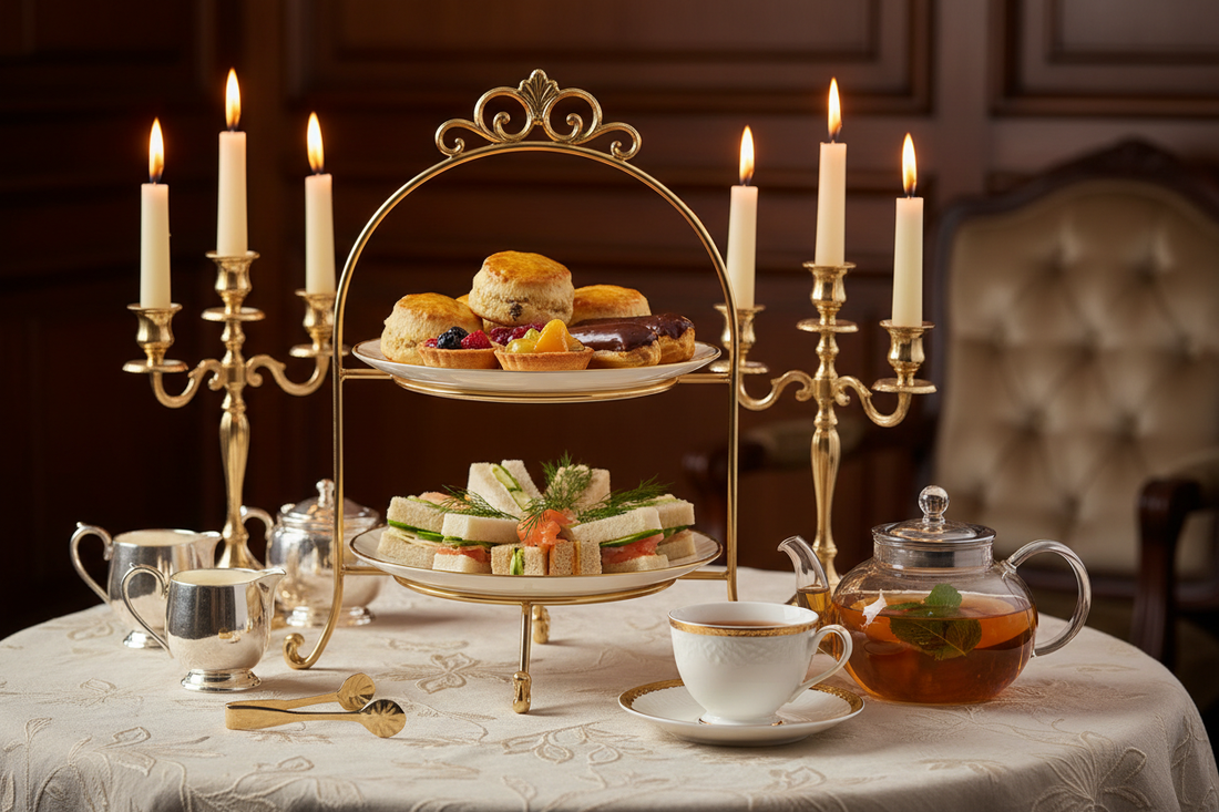High tea table with a tiered stand of scones and pastries, gold-rimmed teacup, and glass teapot of amber tea