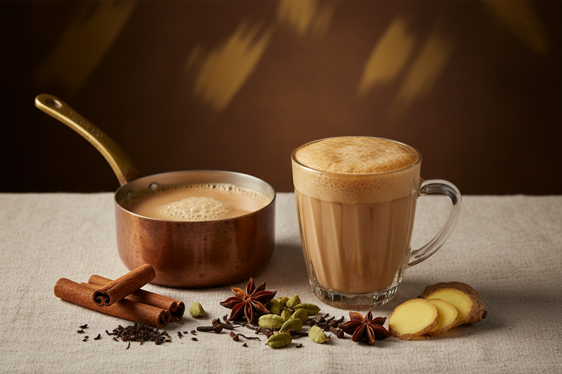 Saucepan of simmering masala chai with cinnamon, cardamom, cloves, and fresh ginger alongside a foamy glass of chai
