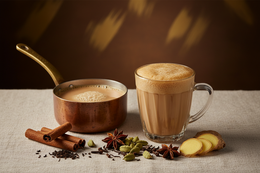 Saucepan of simmering masala chai with cinnamon, cardamom, cloves, and fresh ginger alongside a foamy glass of chai