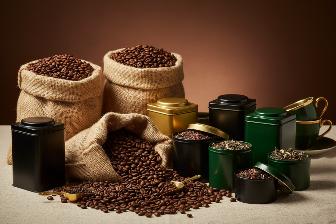 Several bags of whole bean coffee and tins of loose leaf tea grouped together with beans spilling from an open bag