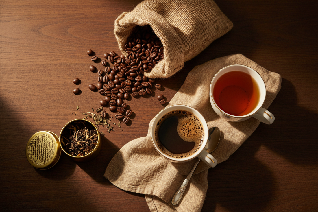 Overhead table scene with a mug of coffee and a mug of tea, whole beans, and loose leaf tea in warm golden light