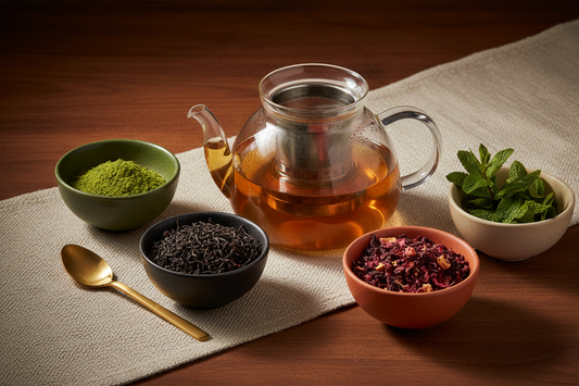 Glass teapot of brewed tea with bowls of loose leaf teas and matcha on a dark brown backdrop