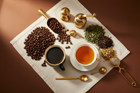 Coffee beans and loose leaf teas arranged with a cup of coffee and a cup of tea on a dark brown backdrop