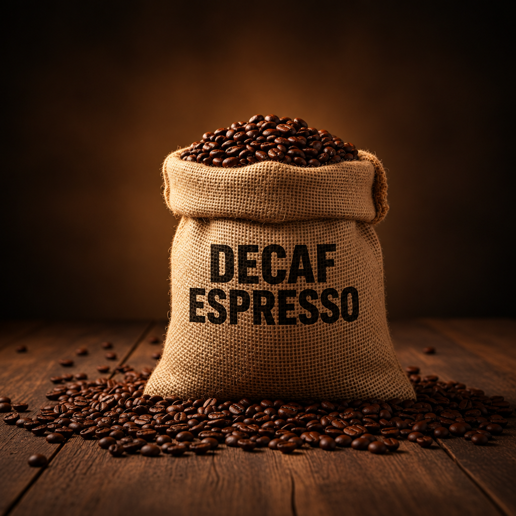Decaf Espresso coffee beans in a burlap sack on dark wood