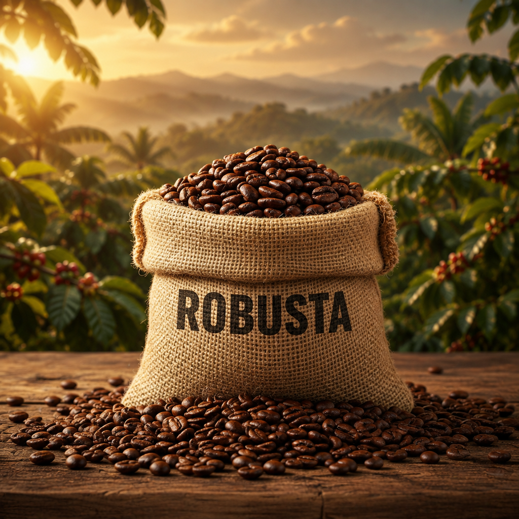 Robusta coffee beans in a burlap sack against a warm landscape