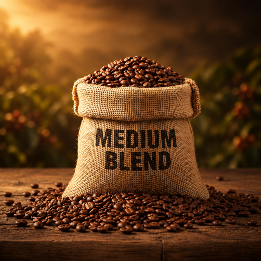 Medium Blend coffee beans in a burlap sack on a rustic table