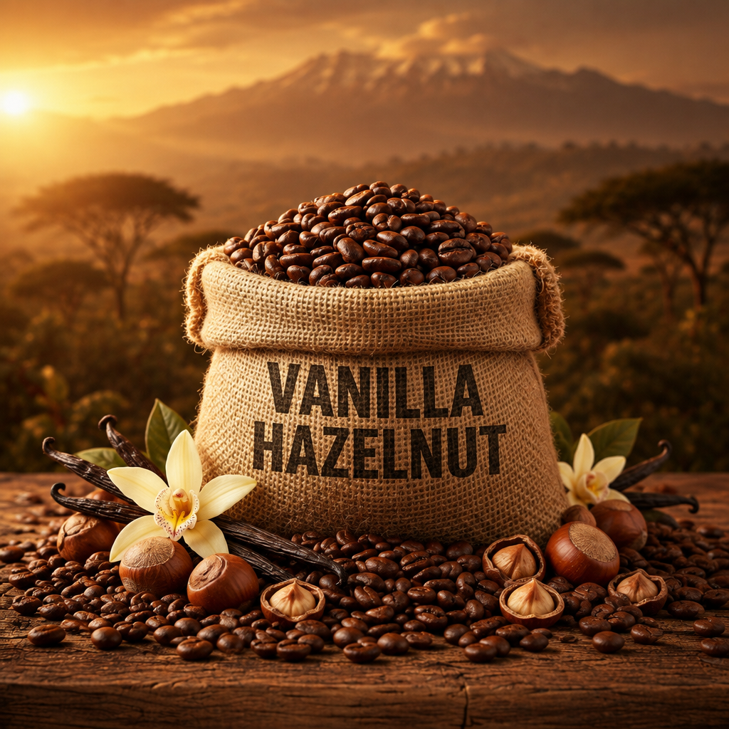 Vanilla Hazelnut coffee beans in a burlap sack with vanilla flowers and hazelnuts