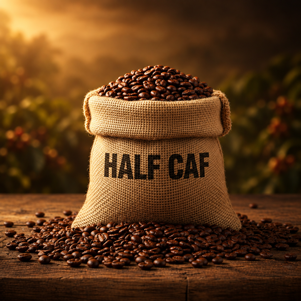 Half Caf coffee beans in a burlap sack on a rustic table